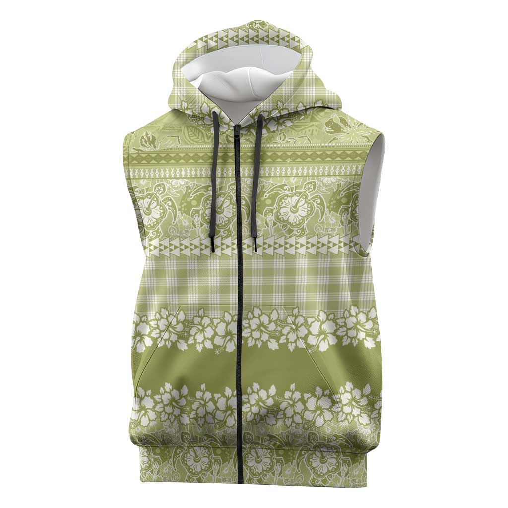 Hawaiian Hibiscus Honu Sleeveless Zip Hoodie Sage Green Mele Kalikimaka Palaka Spirit - Polynesian Pride