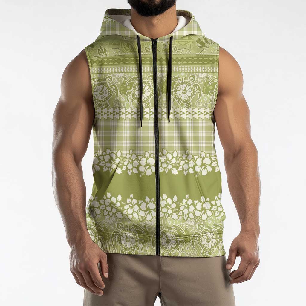 Hawaiian Hibiscus Honu Sleeveless Zip Hoodie Sage Green Mele Kalikimaka Palaka Spirit LT9 - Polynesian Pride
