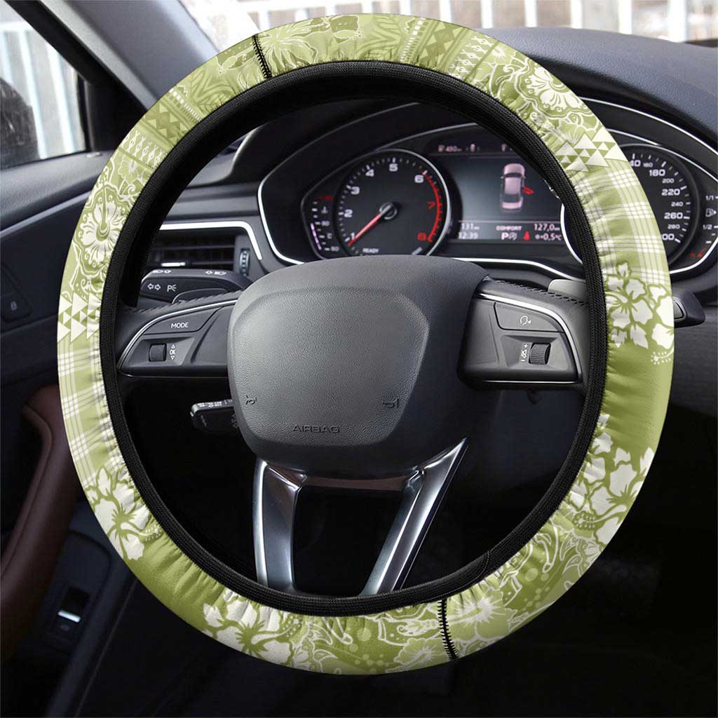 Hawaiian Hibiscus Honu Steering Wheel Cover Sage Green Mele Kalikimaka Palaka Spirit LT9 - Polynesian Pride
