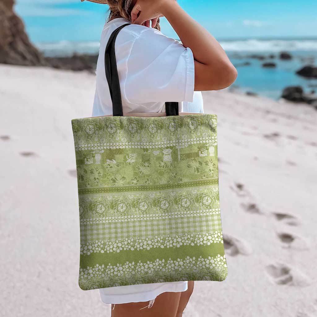 Hawaiian Hibiscus Honu Tote Bag Sage Green Mele Kalikimaka Palaka Spirit LT9 - Polynesian Pride