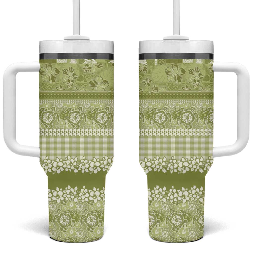 Hawaiian Hibiscus Honu Tumbler With Handle Sage Green Mele Kalikimaka Palaka Spirit LT9 One Size: 40 oz Sage Green - Polynesian Pride