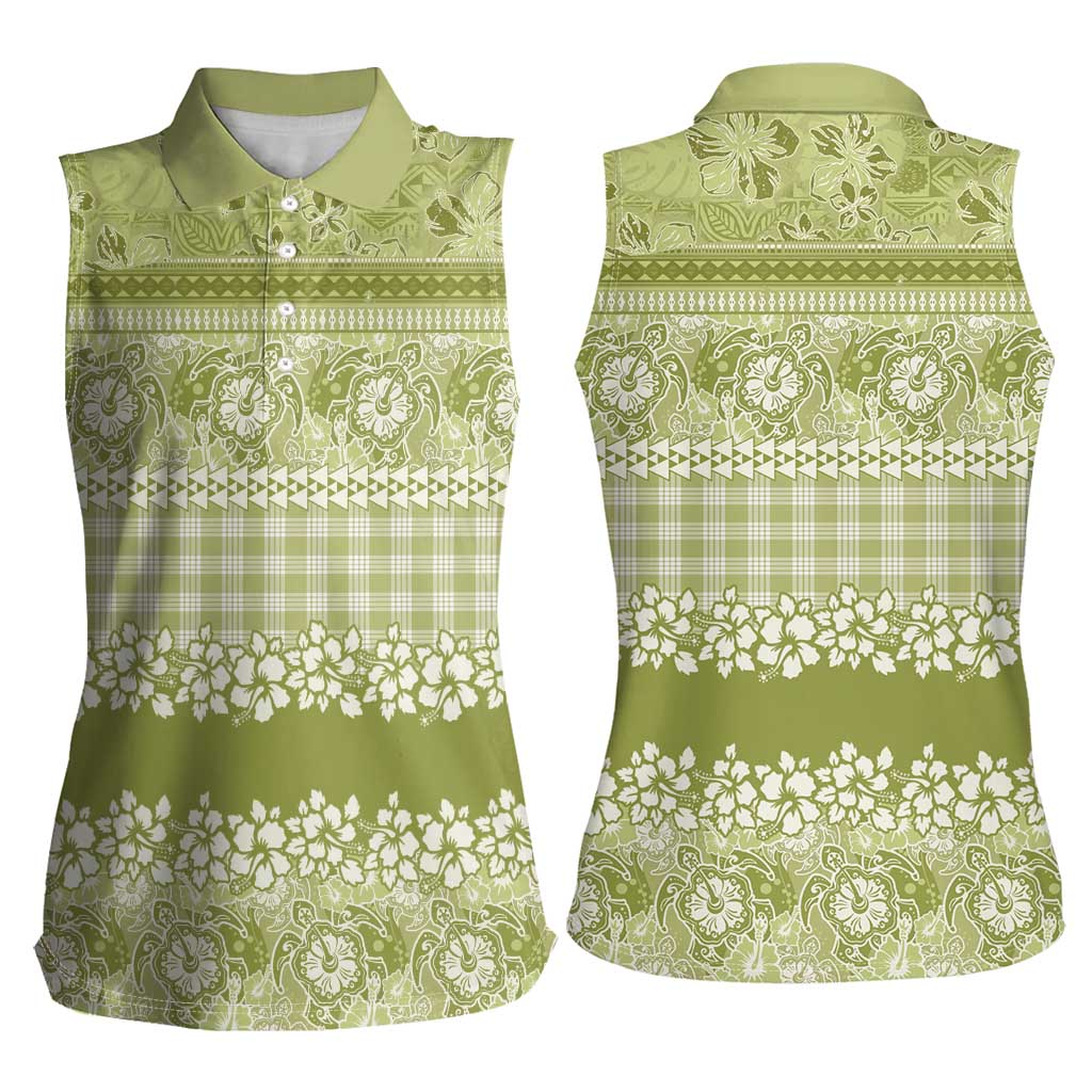 Hawaiian Hibiscus Honu Women Sleeveless Polo Shirt Sage Green Mele Kalikimaka Palaka Spirit LT9 - Polynesian Pride