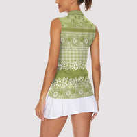 Hawaiian Hibiscus Honu Women Sleeveless Polo Shirt Sage Green Mele Kalikimaka Palaka Spirit LT9 - Polynesian Pride