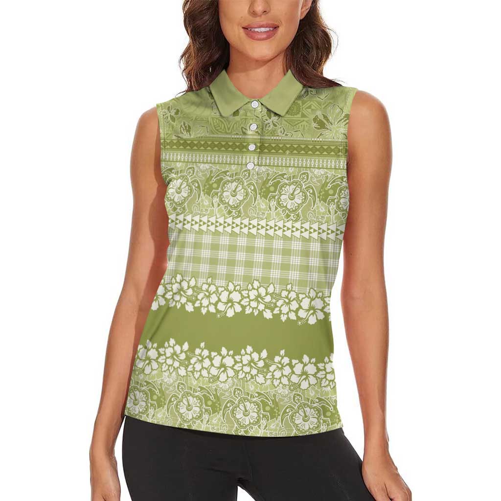 Hawaiian Hibiscus Honu Women Sleeveless Polo Shirt Sage Green Mele Kalikimaka Palaka Spirit LT9 - Polynesian Pride