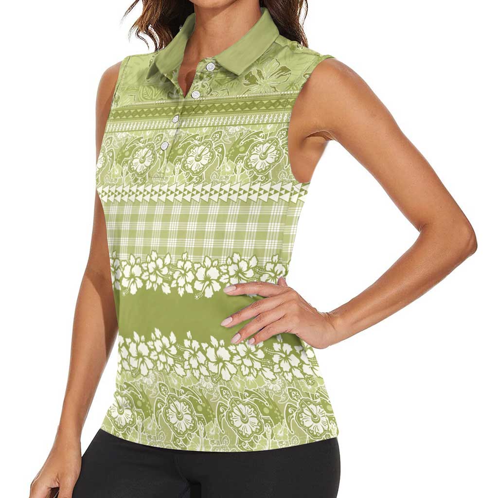 Hawaiian Hibiscus Honu Women Sleeveless Polo Shirt Sage Green Mele Kalikimaka Palaka Spirit LT9 - Polynesian Pride