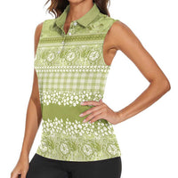 Hawaiian Hibiscus Honu Women Sleeveless Polo Shirt Sage Green Mele Kalikimaka Palaka Spirit LT9 - Polynesian Pride