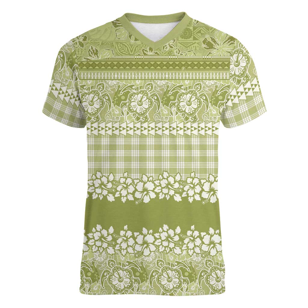 Hawaiian Hibiscus Honu Women V-Neck T-Shirt Sage Green Mele Kalikimaka Palaka Spirit LT9 Female Sage Green - Polynesian Pride