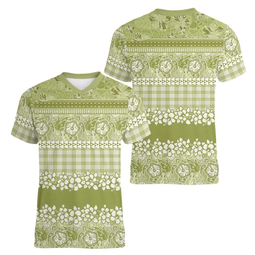 Hawaiian Hibiscus Honu Women V-Neck T-Shirt Sage Green Mele Kalikimaka Palaka Spirit LT9 - Polynesian Pride