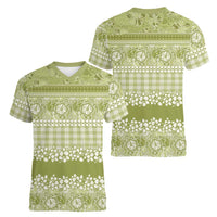 Hawaiian Hibiscus Honu Women V-Neck T-Shirt Sage Green Mele Kalikimaka Palaka Spirit LT9 - Polynesian Pride