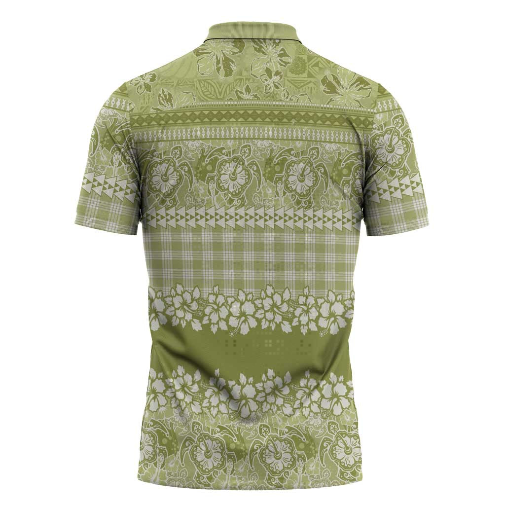 Hawaiian Hibiscus Honu Zipper Polo Shirt Sage Green Mele Kalikimaka Palaka Spirit LT9 - Polynesian Pride