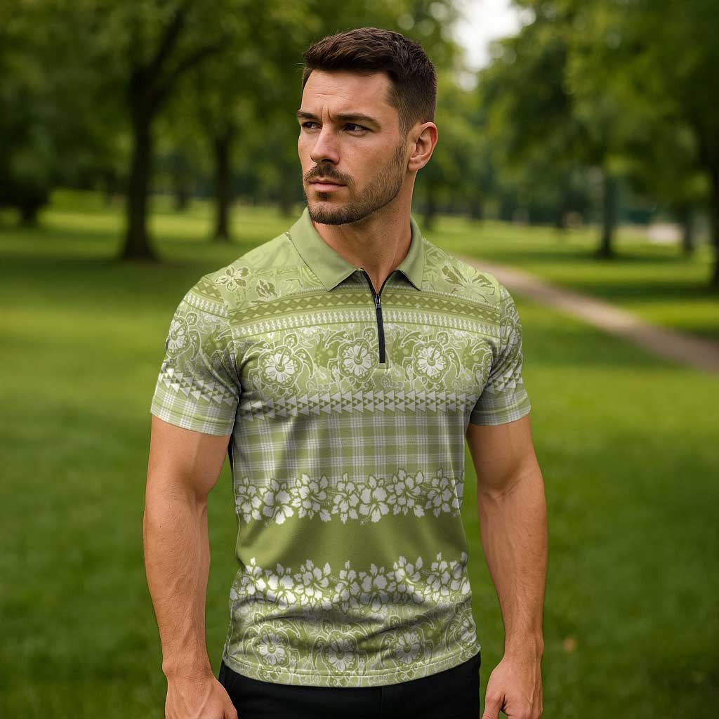 Hawaiian Hibiscus Honu Zipper Polo Shirt Sage Green Mele Kalikimaka Palaka Spirit LT9 - Polynesian Pride