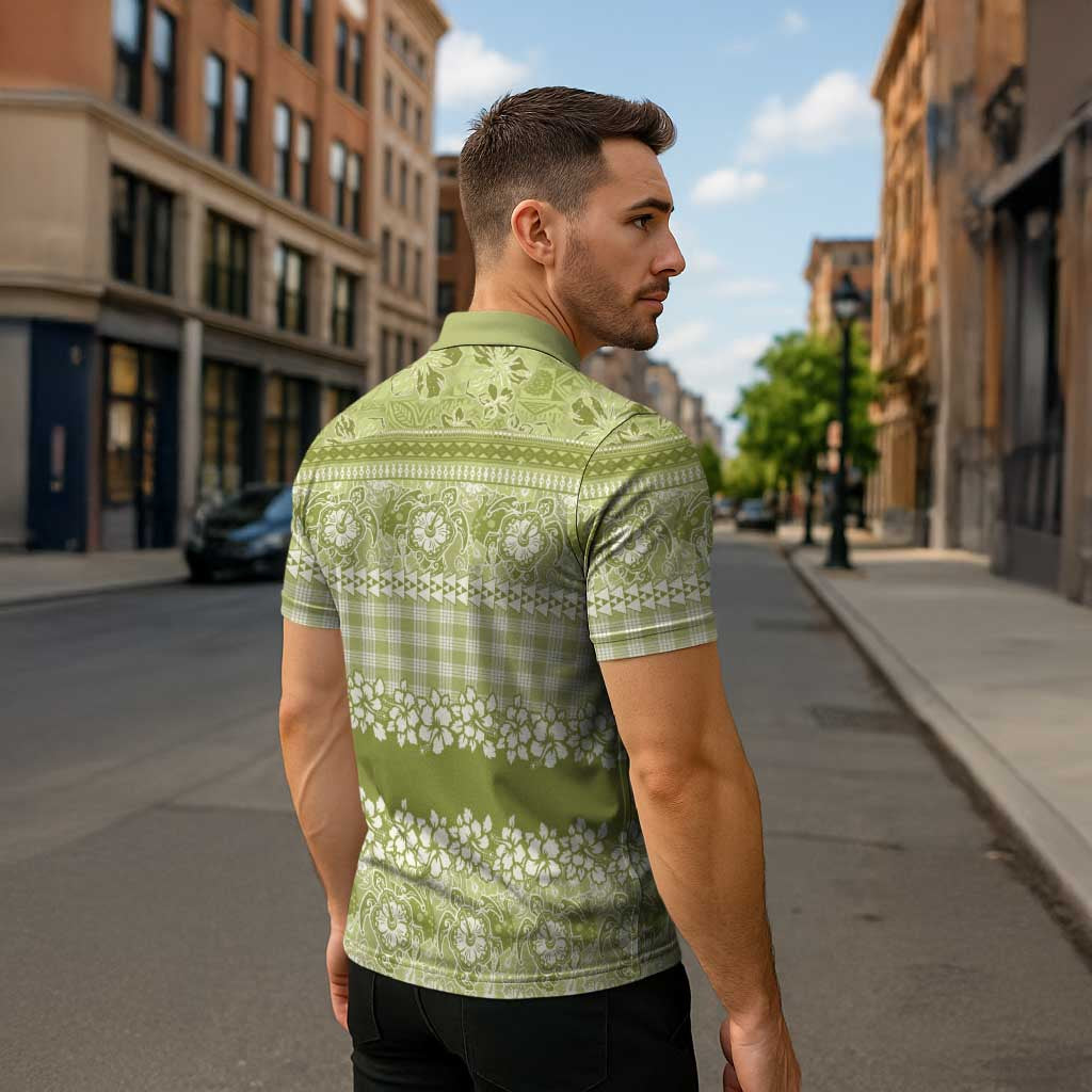 Hawaiian Hibiscus Honu Zipper Polo Shirt Sage Green Mele Kalikimaka Palaka Spirit LT9 - Polynesian Pride