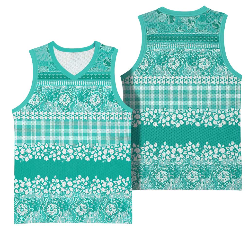 Hawaiian Hibiscus Honu Basketball Jersey Turquoise Mele Kalikimaka Palaka Spirit LT9 - Polynesian Pride