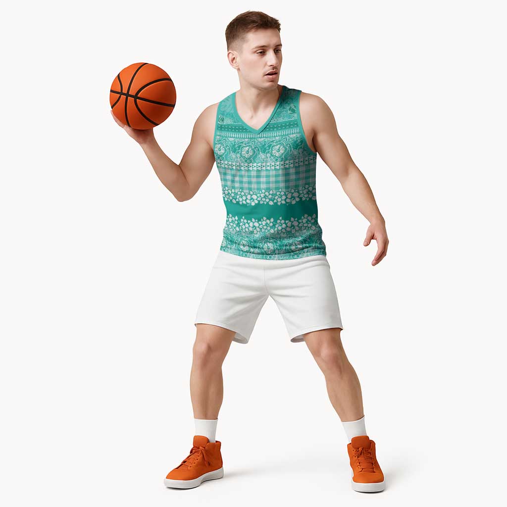 Hawaiian Hibiscus Honu Basketball Jersey Turquoise Mele Kalikimaka Palaka Spirit LT9 - Polynesian Pride