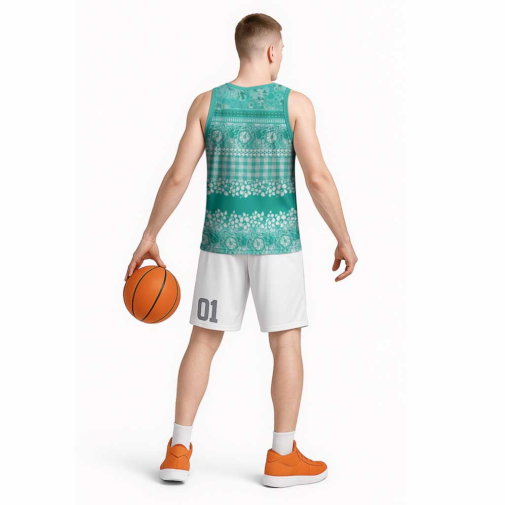 Hawaiian Hibiscus Honu Basketball Jersey Turquoise Mele Kalikimaka Palaka Spirit LT9 - Polynesian Pride