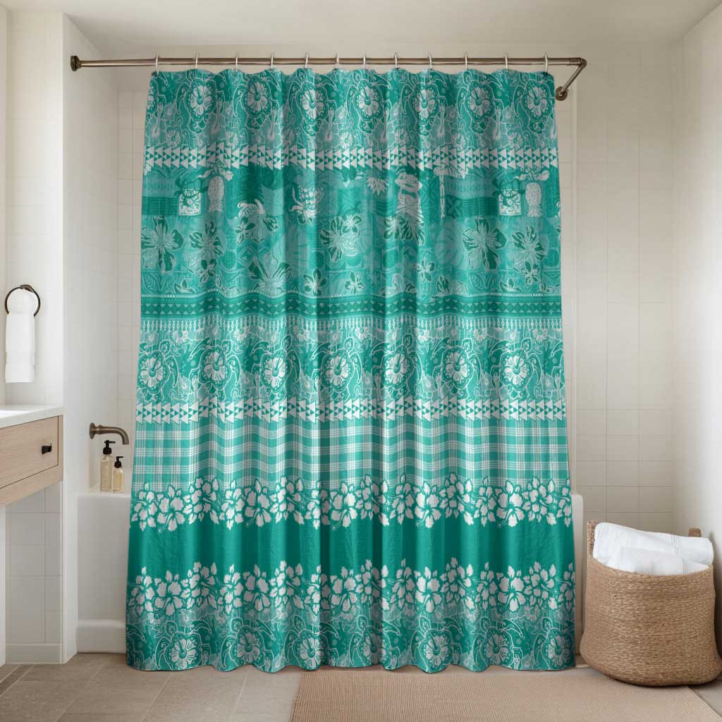 Hawaiian Hibiscus Honu Bathroom Set Turquoise Mele Kalikimaka Palaka Spirit LT9 Shower Curtain Only Turquoise - Polynesian Pride