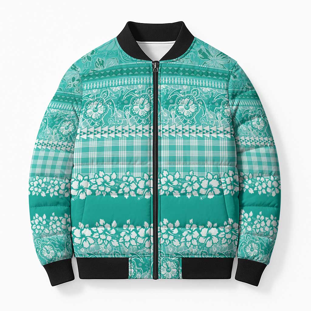 Hawaiian Hibiscus Honu Bomber Puffer Jacket Turquoise Mele Kalikimaka Palaka Spirit LT9 Unisex Turquoise - Polynesian Pride