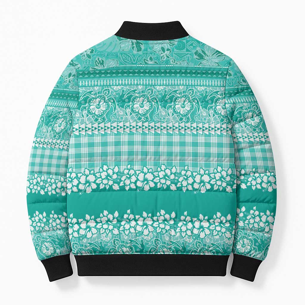 Hawaiian Hibiscus Honu Bomber Puffer Jacket Turquoise Mele Kalikimaka Palaka Spirit LT9 - Polynesian Pride