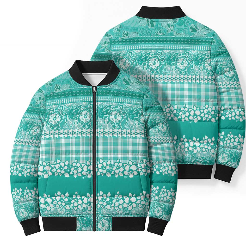 Hawaiian Hibiscus Honu Bomber Puffer Jacket Turquoise Mele Kalikimaka Palaka Spirit LT9 - Polynesian Pride