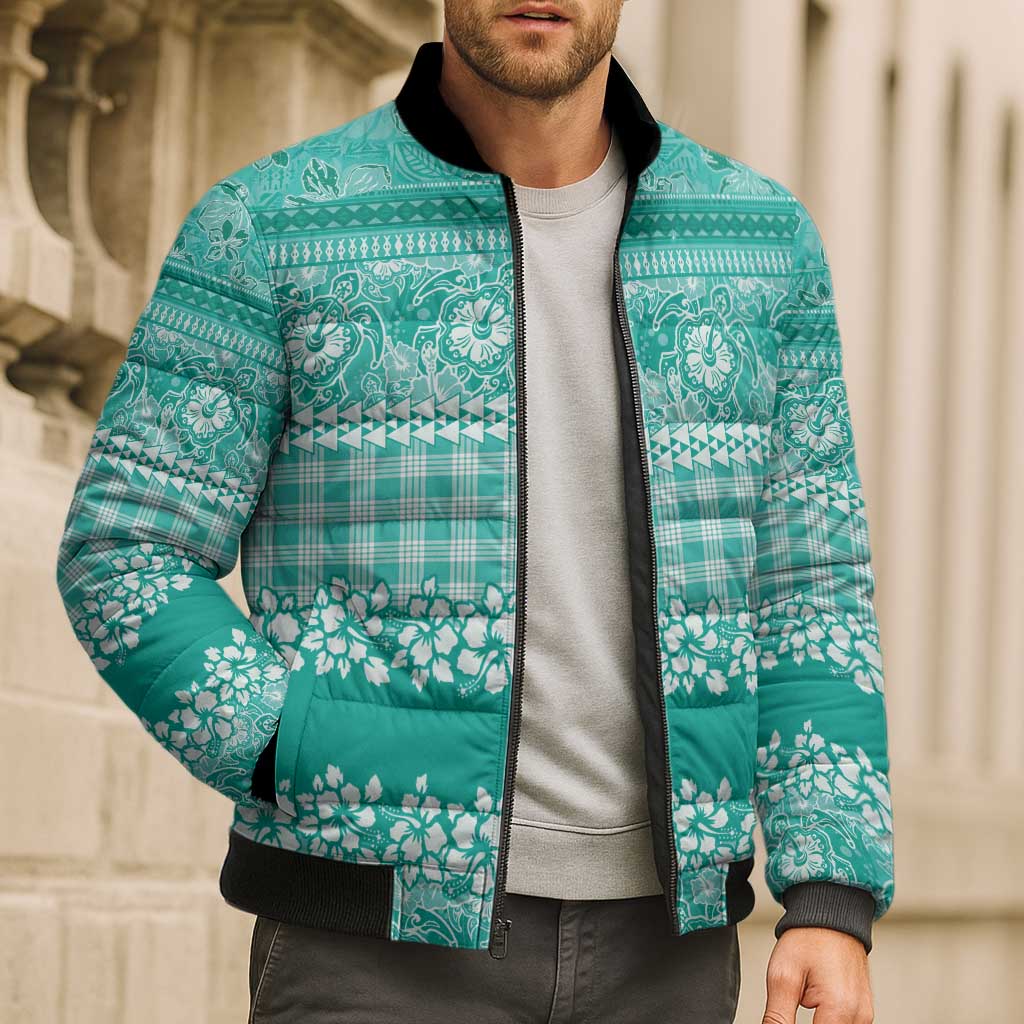 Hawaiian Hibiscus Honu Bomber Puffer Jacket Turquoise Mele Kalikimaka Palaka Spirit LT9 - Polynesian Pride