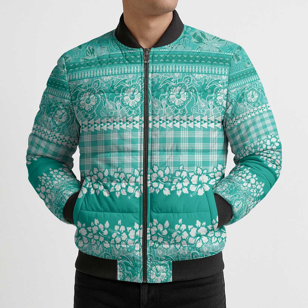 Hawaiian Hibiscus Honu Bomber Puffer Jacket Turquoise Mele Kalikimaka Palaka Spirit LT9 - Polynesian Pride