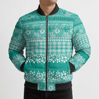 Hawaiian Hibiscus Honu Bomber Puffer Jacket Turquoise Mele Kalikimaka Palaka Spirit LT9 - Polynesian Pride