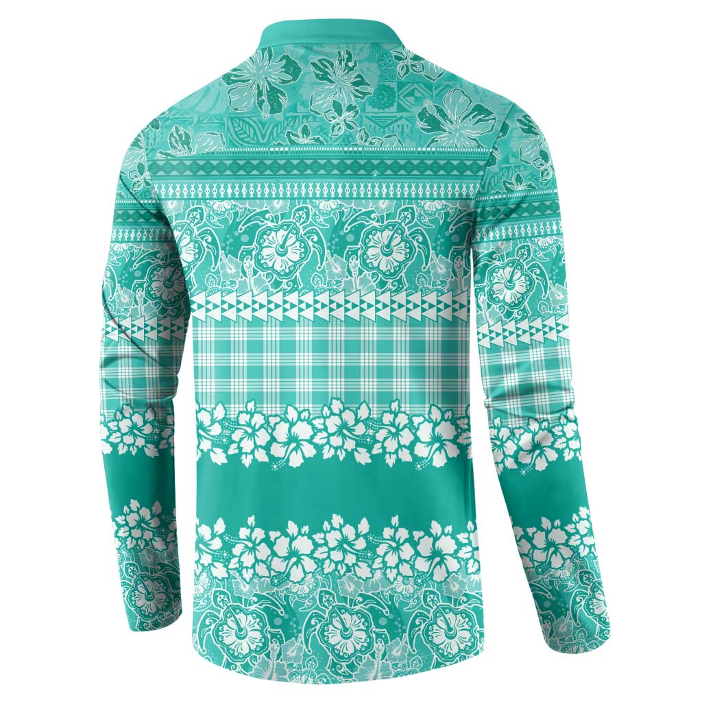 Hawaiian Hibiscus Honu Button Sweatshirt Turquoise Mele Kalikimaka Palaka Spirit - Polynesian Pride
