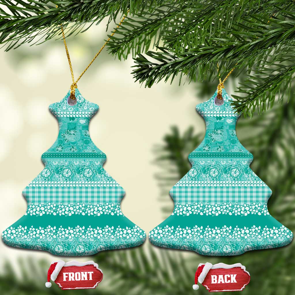 Hawaiian Hibiscus Honu Ceramic Ornament Turquoise Mele Kalikimaka Palaka Spirit - Polynesian Pride