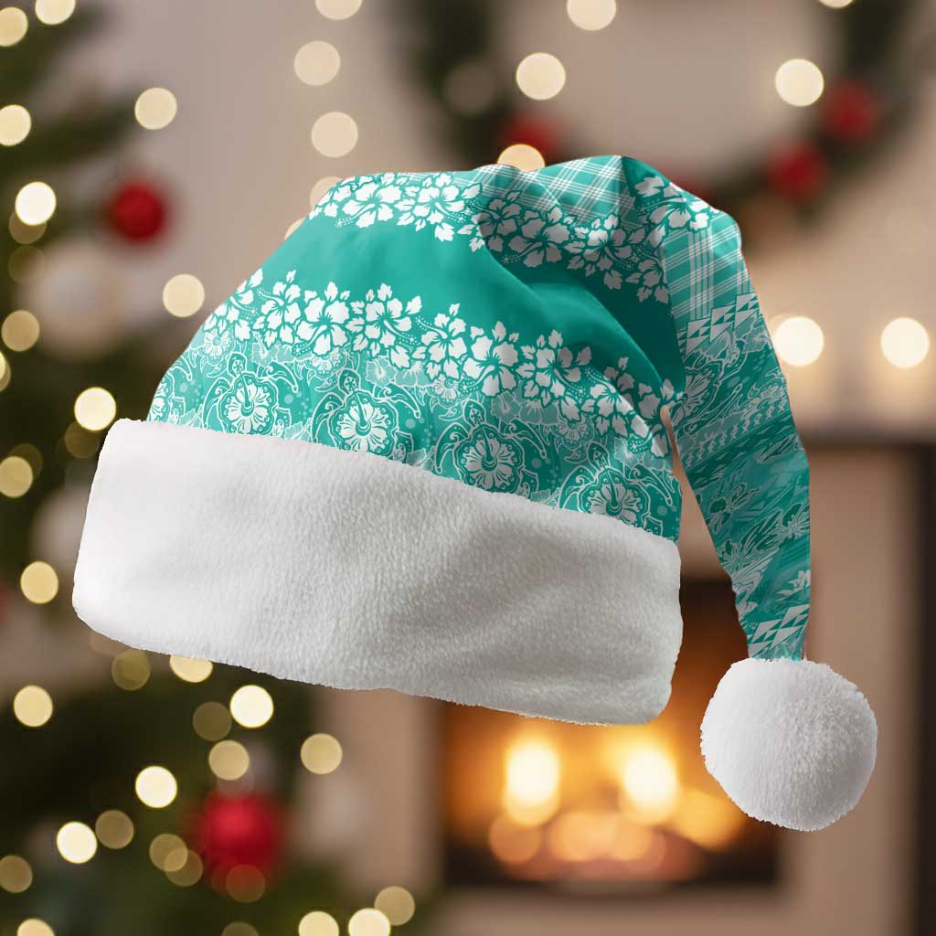 Hawaiian Hibiscus Honu Christmas Santa Hat Turquoise Mele Kalikimaka Palaka Spirit - Polynesian Pride