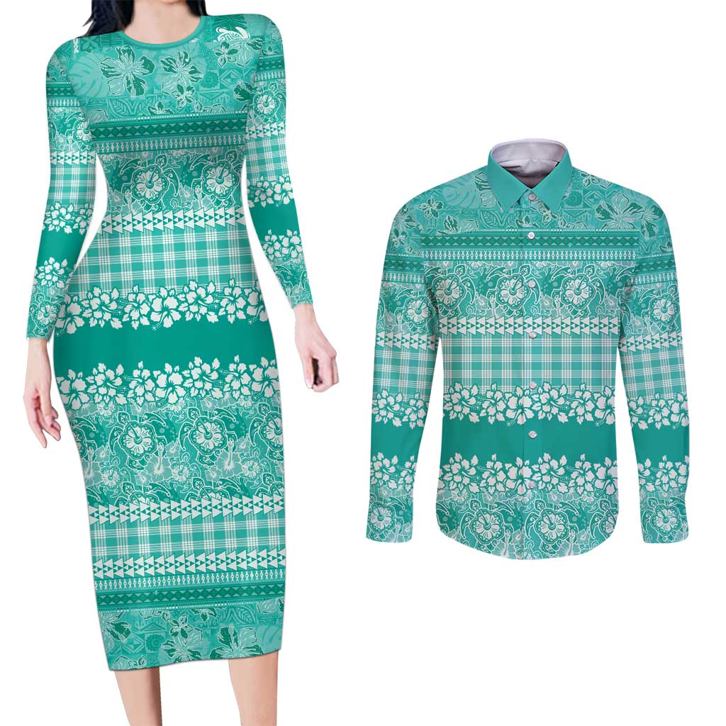 Hawaiian Hibiscus Honu Couples Matching Long Sleeve Bodycon Dress and Long Sleeve Button Shirt Turquoise Mele Kalikimaka Palaka Spirit LT9 Turquoise - Polynesian Pride