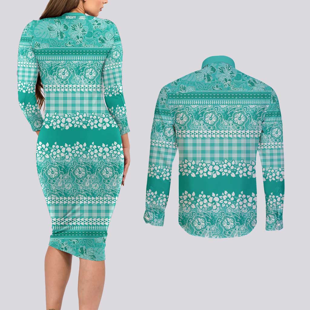 Hawaiian Hibiscus Honu Couples Matching Long Sleeve Bodycon Dress and Long Sleeve Button Shirt Turquoise Mele Kalikimaka Palaka Spirit LT9 - Polynesian Pride