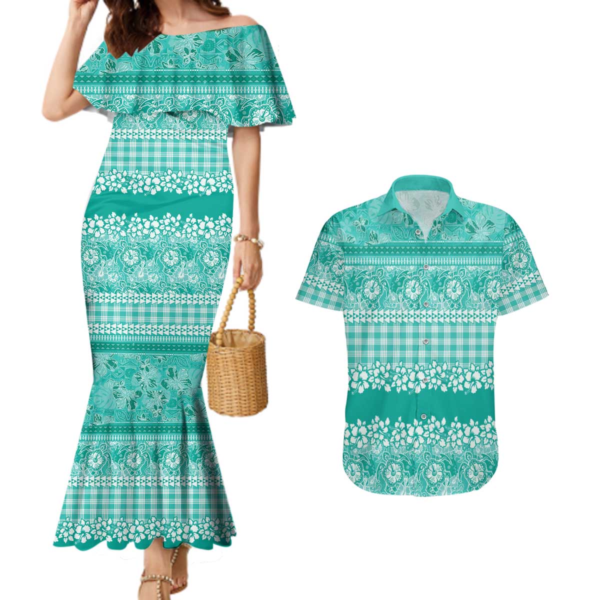 Hawaiian Hibiscus Honu Couples Matching Mermaid Dress and Hawaiian Shirt Turquoise Mele Kalikimaka Palaka Spirit LT9 Turquoise - Polynesian Pride