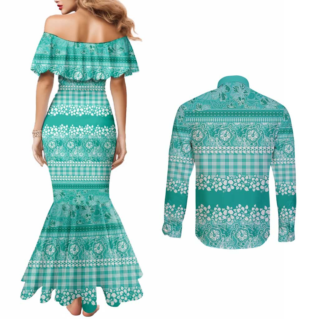 Hawaiian Hibiscus Honu Couples Matching Mermaid Dress and Long Sleeve Button Shirt Turquoise Mele Kalikimaka Palaka Spirit LT9 - Polynesian Pride