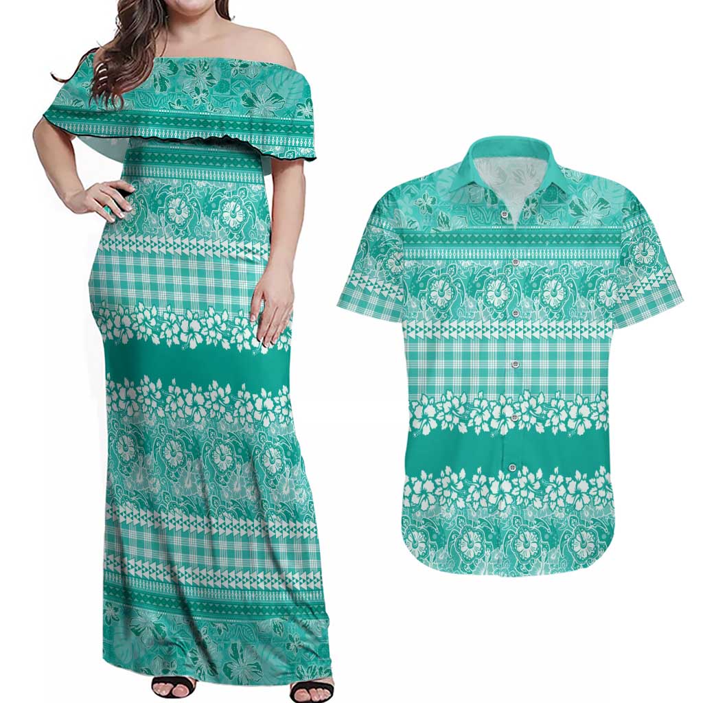Hawaiian Hibiscus Honu Couples Matching Off Shoulder Maxi Dress and Hawaiian Shirt Turquoise Mele Kalikimaka Palaka Spirit LT9 Turquoise - Polynesian Pride