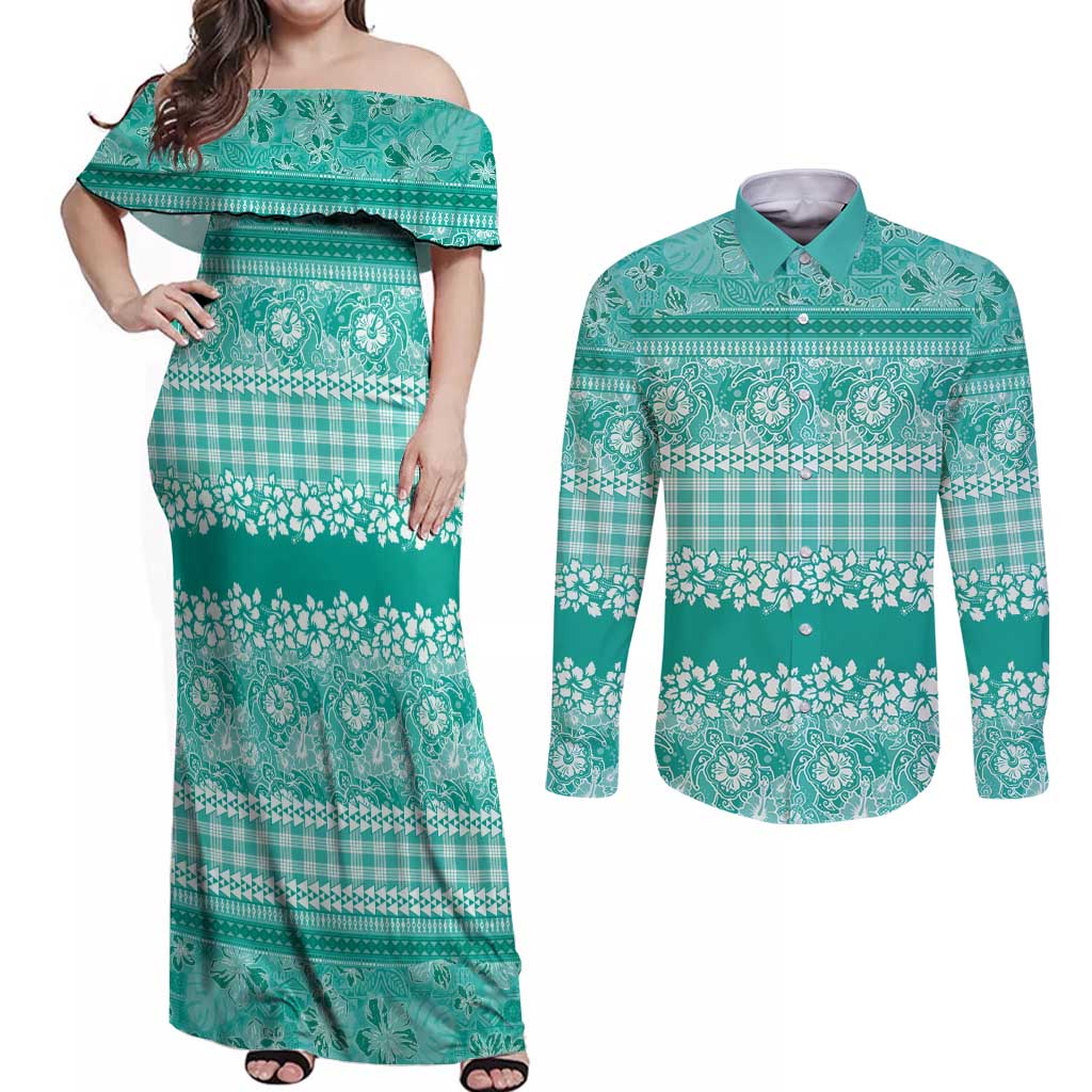 Hawaiian Hibiscus Honu Couples Matching Off Shoulder Maxi Dress and Long Sleeve Button Shirt Turquoise Mele Kalikimaka Palaka Spirit LT9 Turquoise - Polynesian Pride