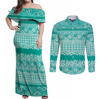 Hawaiian Hibiscus Honu Couples Matching Off Shoulder Maxi Dress and Long Sleeve Button Shirt Turquoise Mele Kalikimaka Palaka Spirit LT9 Turquoise - Polynesian Pride
