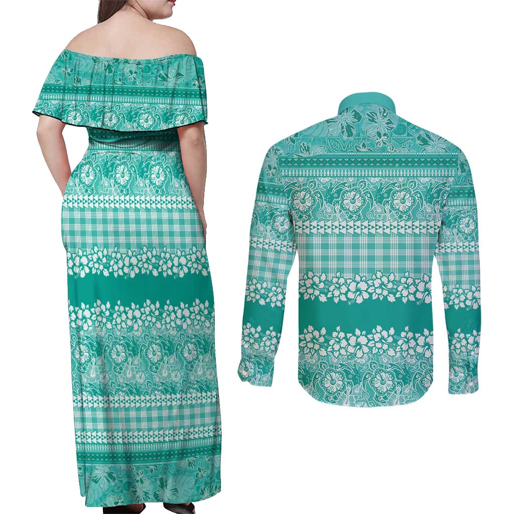 Hawaiian Hibiscus Honu Couples Matching Off Shoulder Maxi Dress and Long Sleeve Button Shirt Turquoise Mele Kalikimaka Palaka Spirit LT9 - Polynesian Pride