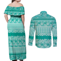 Hawaiian Hibiscus Honu Couples Matching Off Shoulder Maxi Dress and Long Sleeve Button Shirt Turquoise Mele Kalikimaka Palaka Spirit LT9 - Polynesian Pride