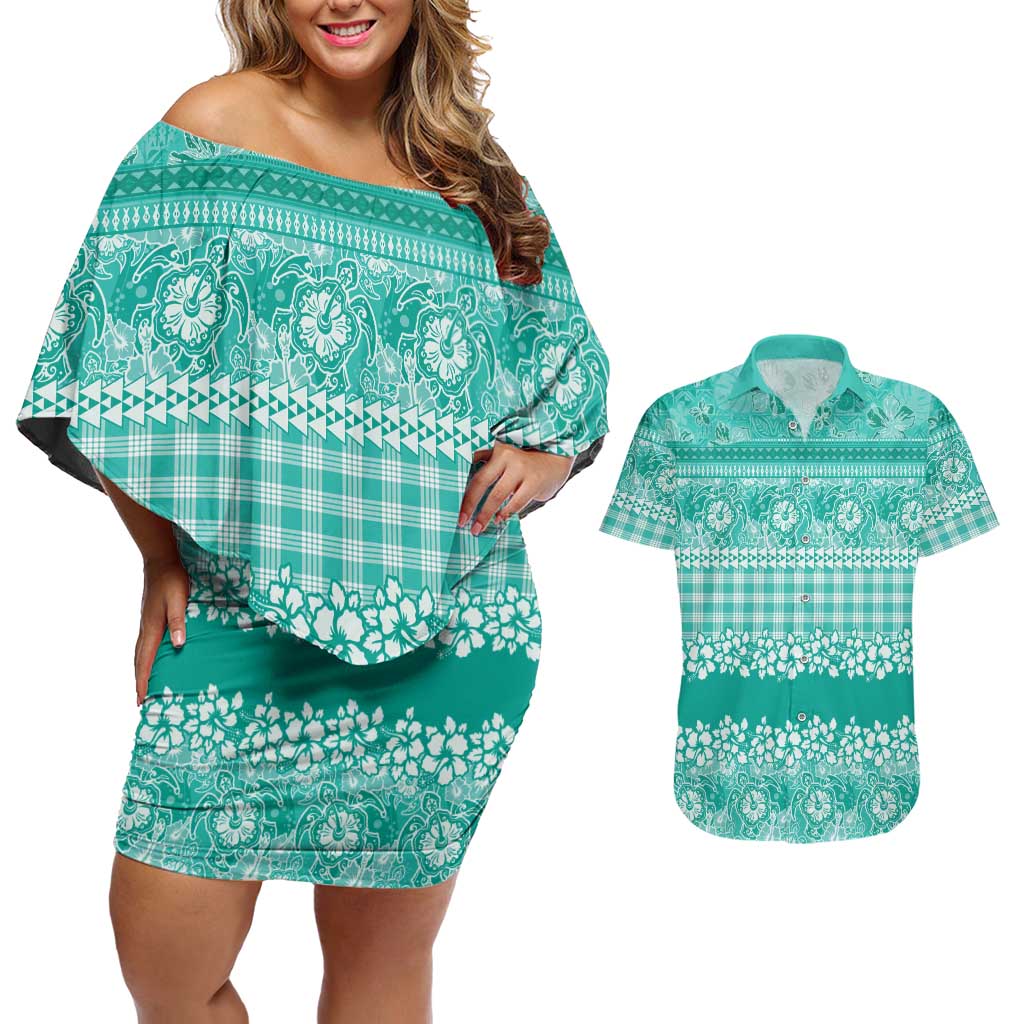 Hawaiian Hibiscus Honu Couples Matching Off Shoulder Short Dress and Hawaiian Shirt Turquoise Mele Kalikimaka Palaka Spirit LT9 Turquoise - Polynesian Pride