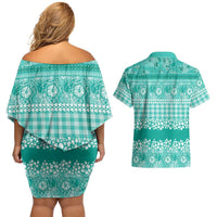 Hawaiian Hibiscus Honu Couples Matching Off Shoulder Short Dress and Hawaiian Shirt Turquoise Mele Kalikimaka Palaka Spirit LT9 - Polynesian Pride