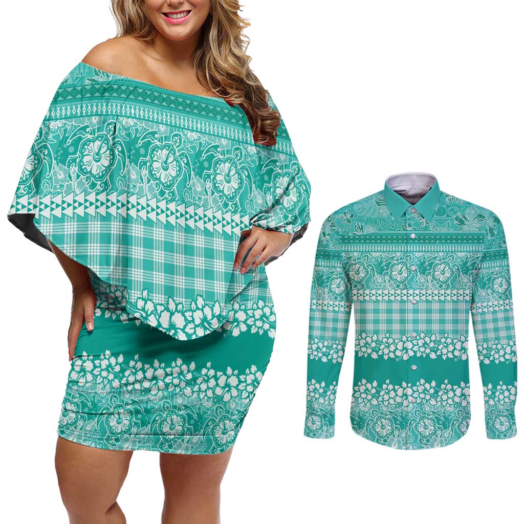 Hawaiian Hibiscus Honu Couples Matching Off Shoulder Short Dress and Long Sleeve Button Shirt Turquoise Mele Kalikimaka Palaka Spirit LT9 Turquoise - Polynesian Pride