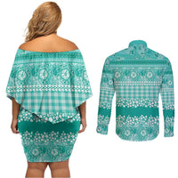 Hawaiian Hibiscus Honu Couples Matching Off Shoulder Short Dress and Long Sleeve Button Shirt Turquoise Mele Kalikimaka Palaka Spirit LT9 - Polynesian Pride