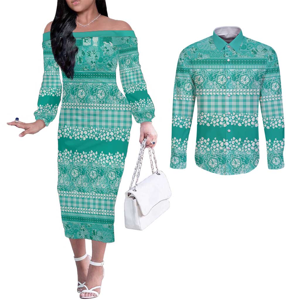Hawaiian Hibiscus Honu Couples Matching Off The Shoulder Long Sleeve Dress and Long Sleeve Button Shirt Turquoise Mele Kalikimaka Palaka Spirit LT9 Turquoise - Polynesian Pride