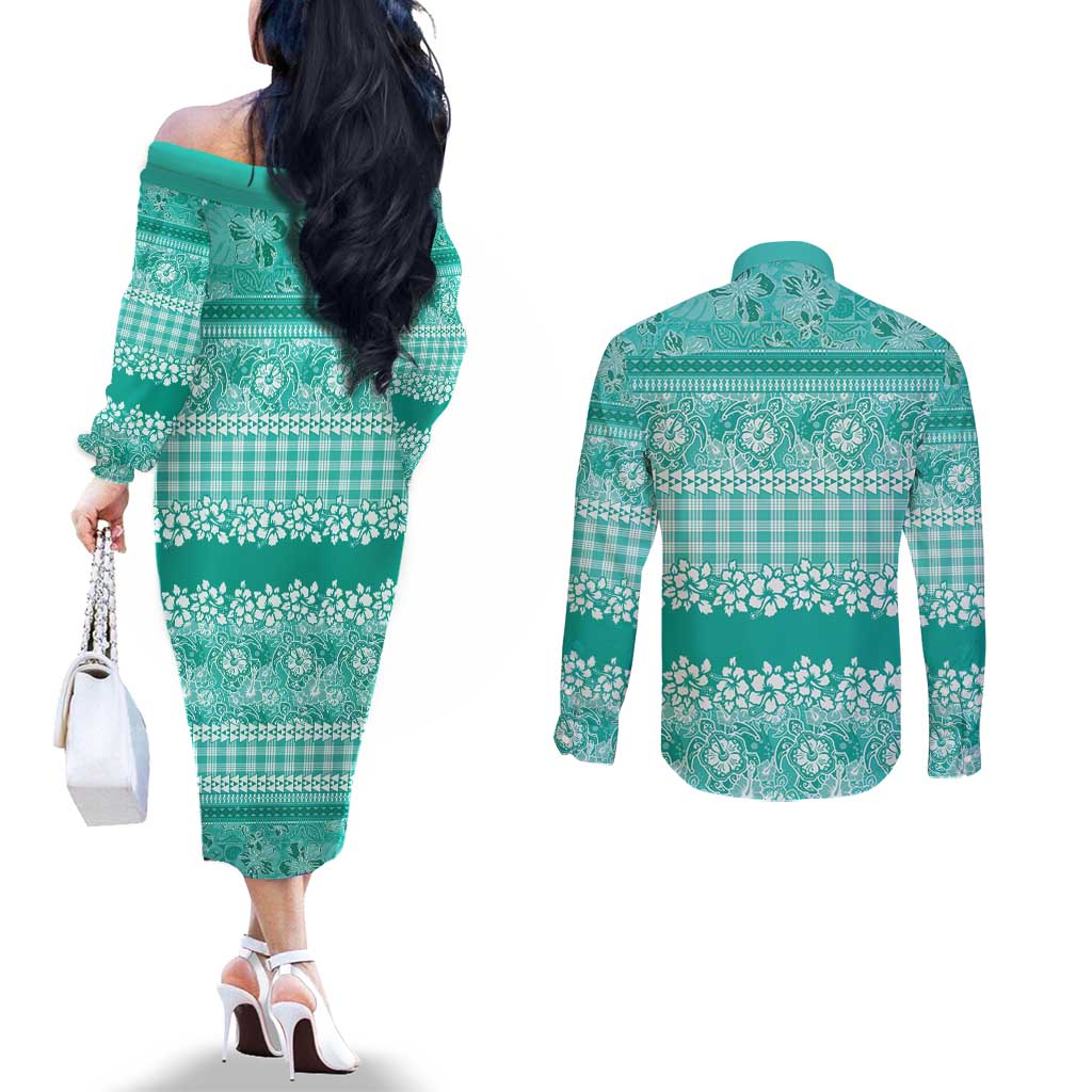 Hawaiian Hibiscus Honu Couples Matching Off The Shoulder Long Sleeve Dress and Long Sleeve Button Shirt Turquoise Mele Kalikimaka Palaka Spirit LT9 - Polynesian Pride