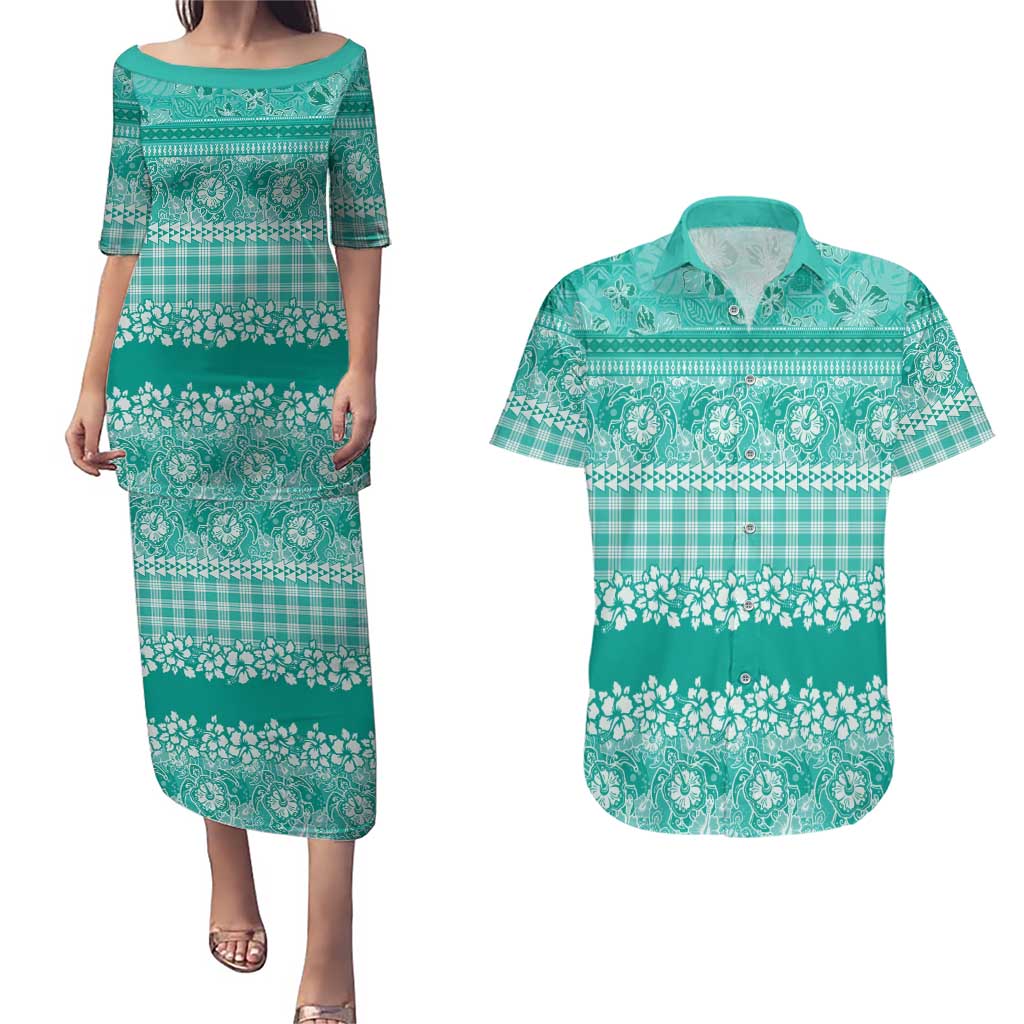 Hawaiian Hibiscus Honu Couples Matching Puletasi and Hawaiian Shirt Turquoise Mele Kalikimaka Palaka Spirit LT9 Turquoise - Polynesian Pride