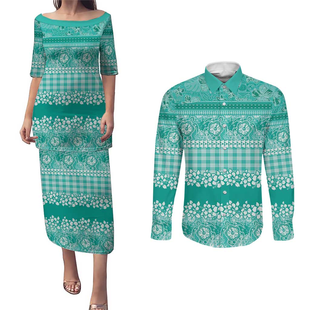 Hawaiian Hibiscus Honu Couples Matching Puletasi and Long Sleeve Button Shirt Turquoise Mele Kalikimaka Palaka Spirit LT9 Turquoise - Polynesian Pride