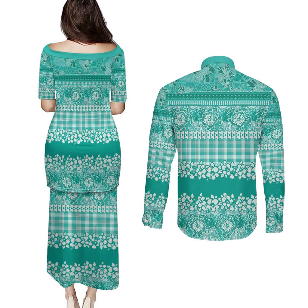 Hawaiian Hibiscus Honu Couples Matching Puletasi and Long Sleeve Button Shirt Turquoise Mele Kalikimaka Palaka Spirit LT9 - Polynesian Pride