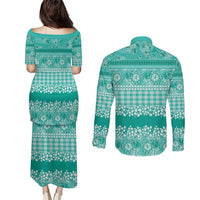 Hawaiian Hibiscus Honu Couples Matching Puletasi and Long Sleeve Button Shirt Turquoise Mele Kalikimaka Palaka Spirit LT9 - Polynesian Pride