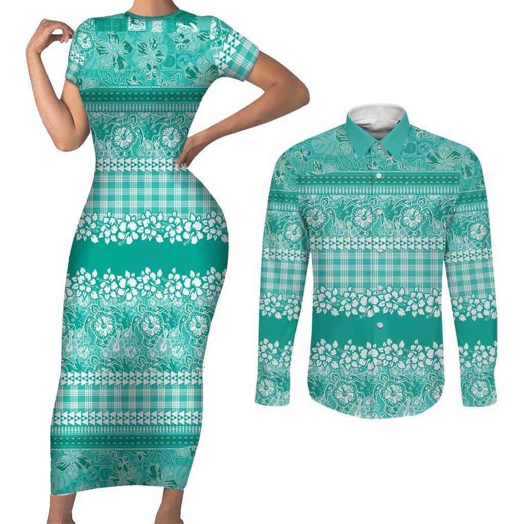 Hawaiian Hibiscus Honu Couples Matching Short Sleeve Bodycon Dress and Long Sleeve Button Shirt Turquoise Mele Kalikimaka Palaka Spirit LT9 Turquoise - Polynesian Pride