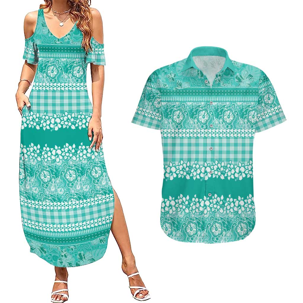 Hawaiian Hibiscus Honu Couples Matching Summer Maxi Dress and Hawaiian Shirt Turquoise Mele Kalikimaka Palaka Spirit LT9 Turquoise - Polynesian Pride